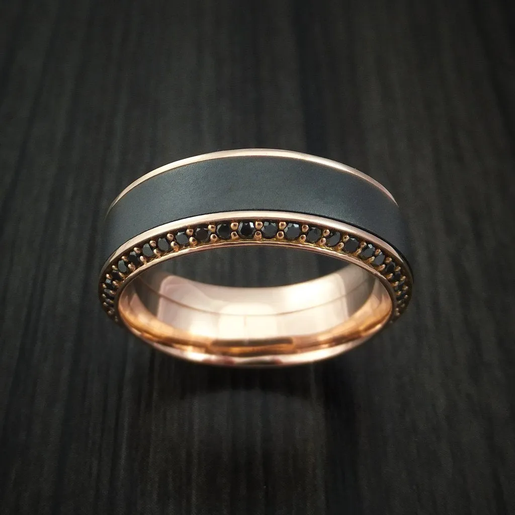 18K Rose Gold Men's Ring with Elysium Black Diamond Inlay and Eternity Set Black Diamonds Custom Made Band