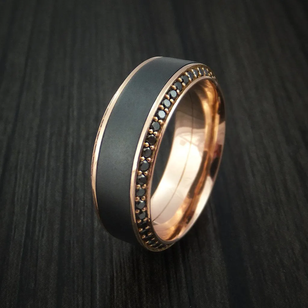 18K Rose Gold Men's Ring with Elysium Black Diamond Inlay and Eternity Set Black Diamonds Custom Made Band