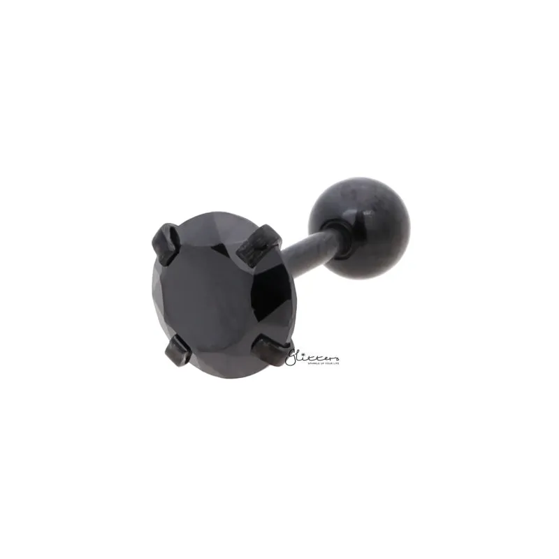 316L Surgical Steel Prong Set Round CZ Cartilage/Tragus Barbell Studs - Black