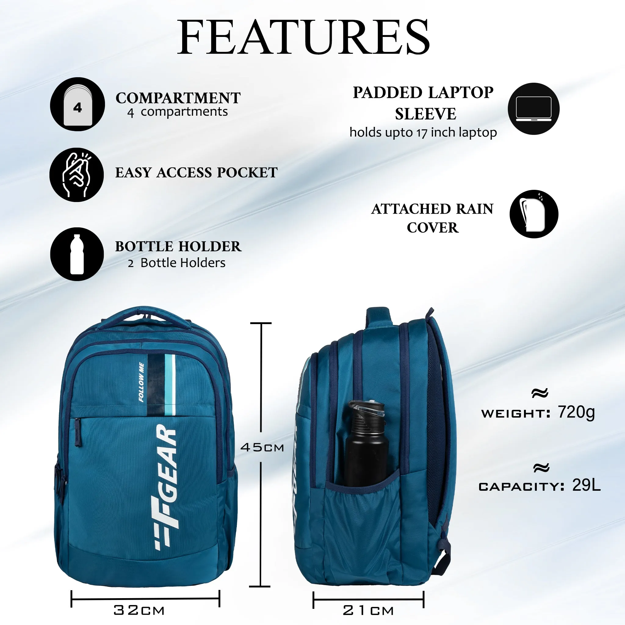 Airmate 29L Aqua Blue Backpack with raincover