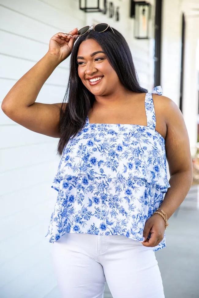 All The Fun Blue Floral Print Tie Sleeve Tank FINAL SALE