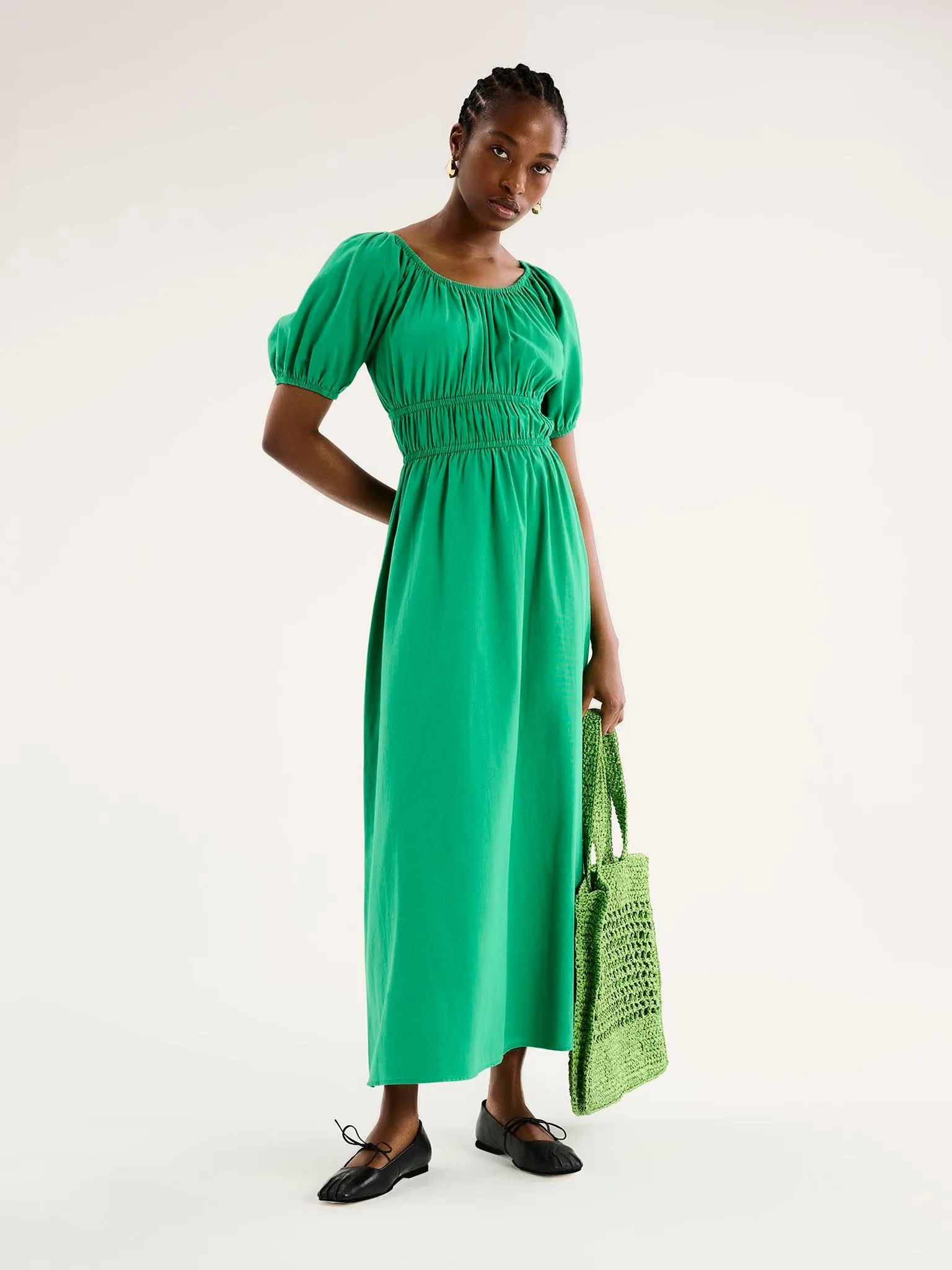 Arya Shirred Detail Round Neck Dress in Green