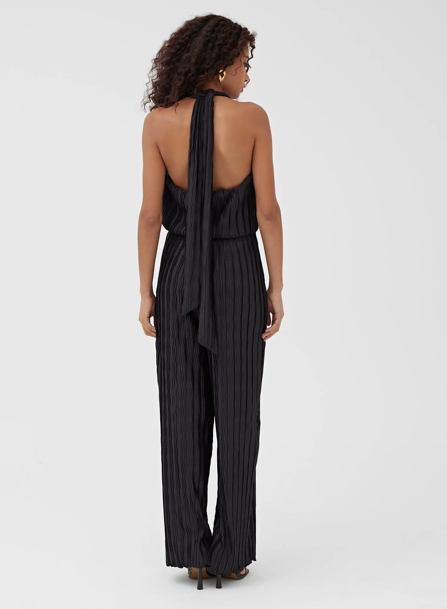 Black Halterneck Plisse Wide Leg Jumpsuit – Jenna