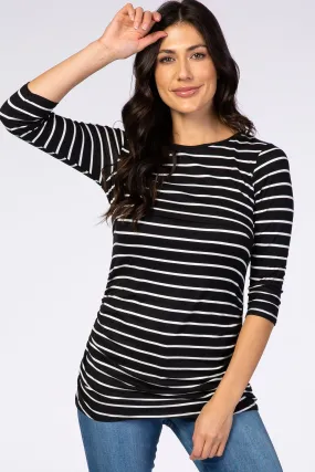 Black Striped 3/4 Sleeve Ruched Nursing Top