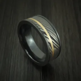 Black Zirconium And Damascus Steel Band 14K Yellow Gold Custom Made Men's Ring