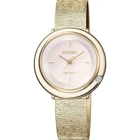 CITIZEN L AMBILUNA ECO-DRIVE SOLAR ANALOG GOLD STRAP PINK DIAL LADIES WATCH EM0643-92X