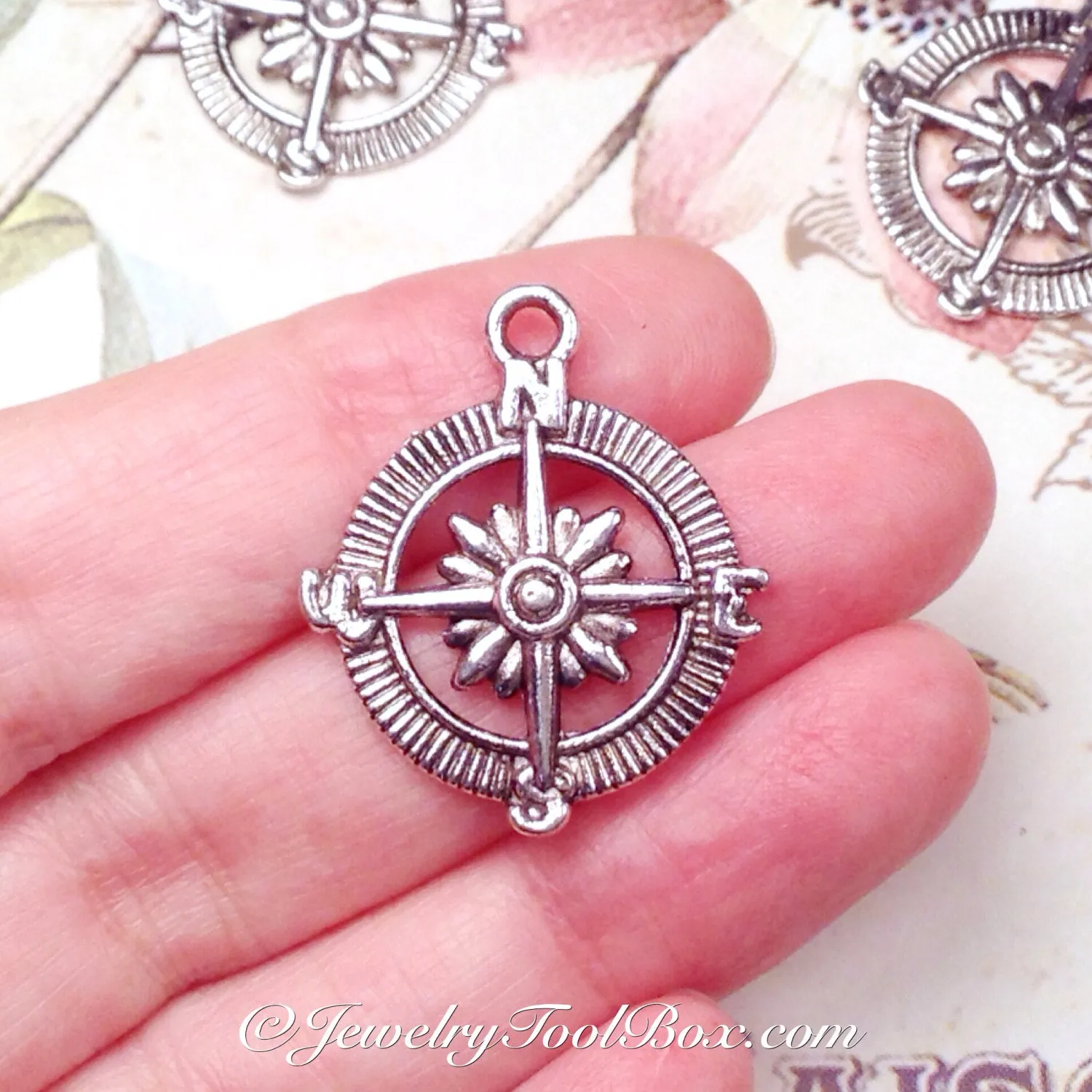 Compass Charm, Antique Silver, Lead Free, Nickel Free, 29x25x3mm, Lot Size 20 Pendants, #2029