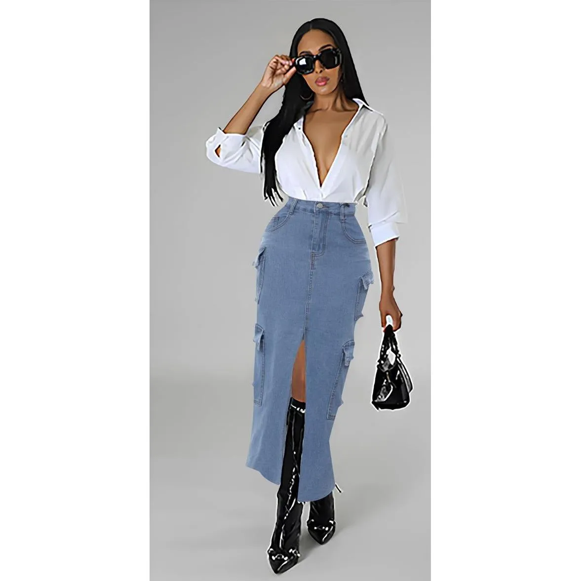 Denim Cargo Slit Skirt