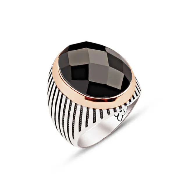 Facet Cut Black Zircon Stone Ellipse Silver Men’s Ring Siding Striped Pattern