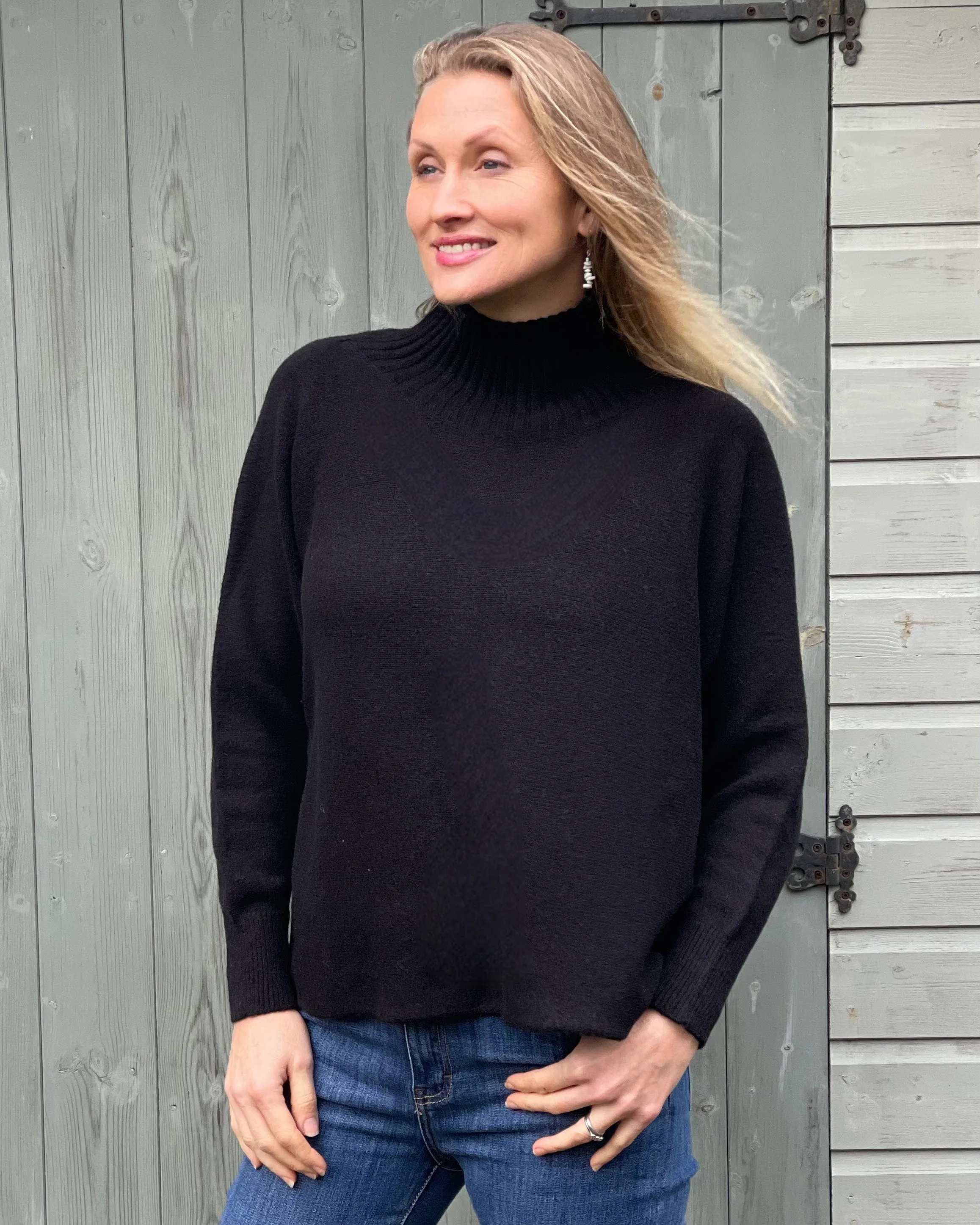 Funnel Neck Soft Knit Long Sleeve Jumper - Black