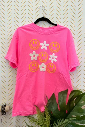 Happy Flower Graphic Tee, Neon Pink