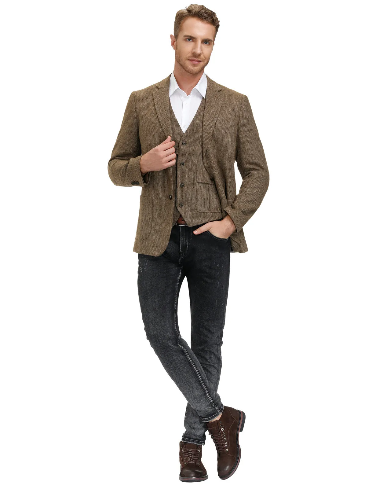 Herringbone Tweed Two Button Blazer British Wool Blend Sport Coat Jackets