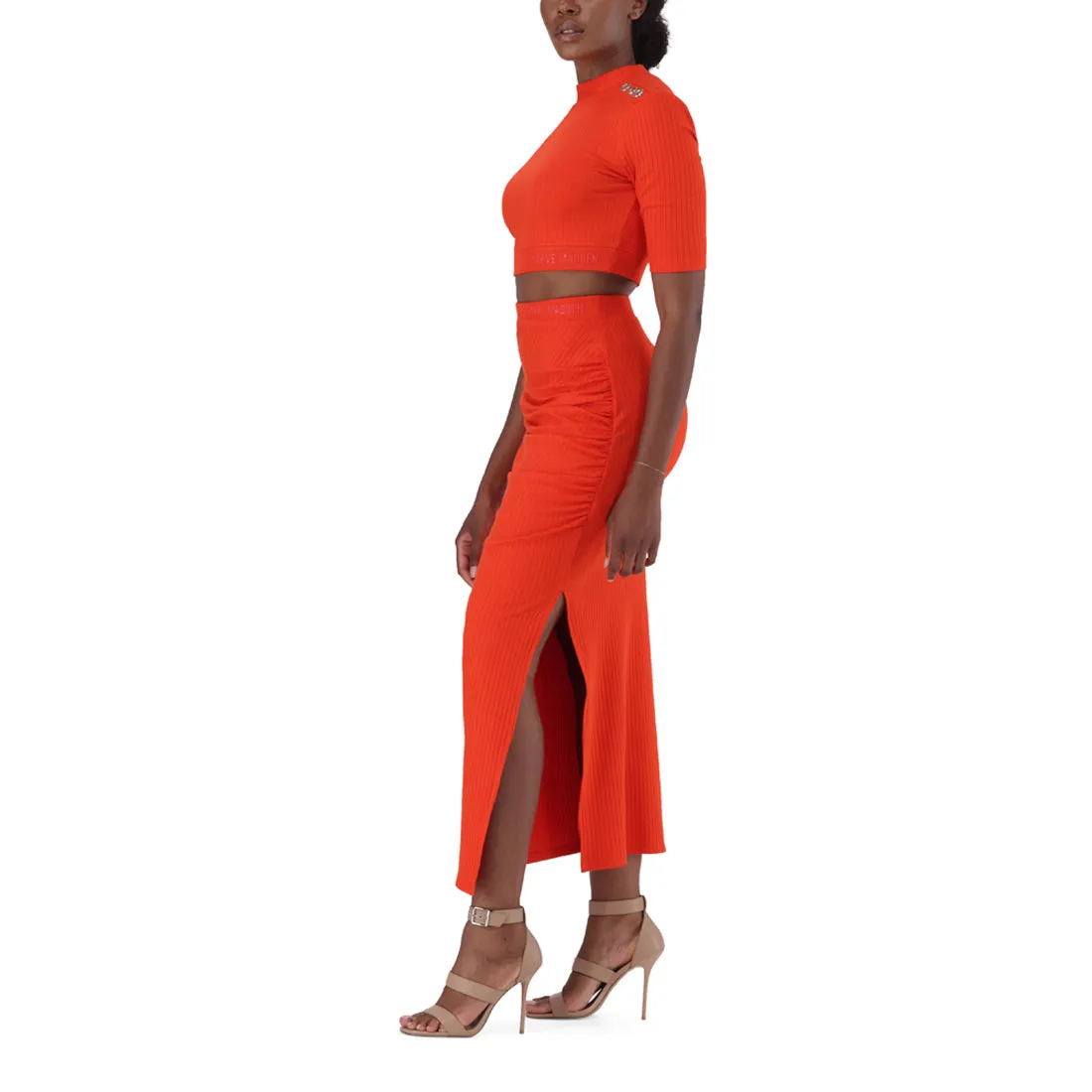 LAUREN TANGERINE HIGH WAISTED RIB BODYCON MAXI SKIRT