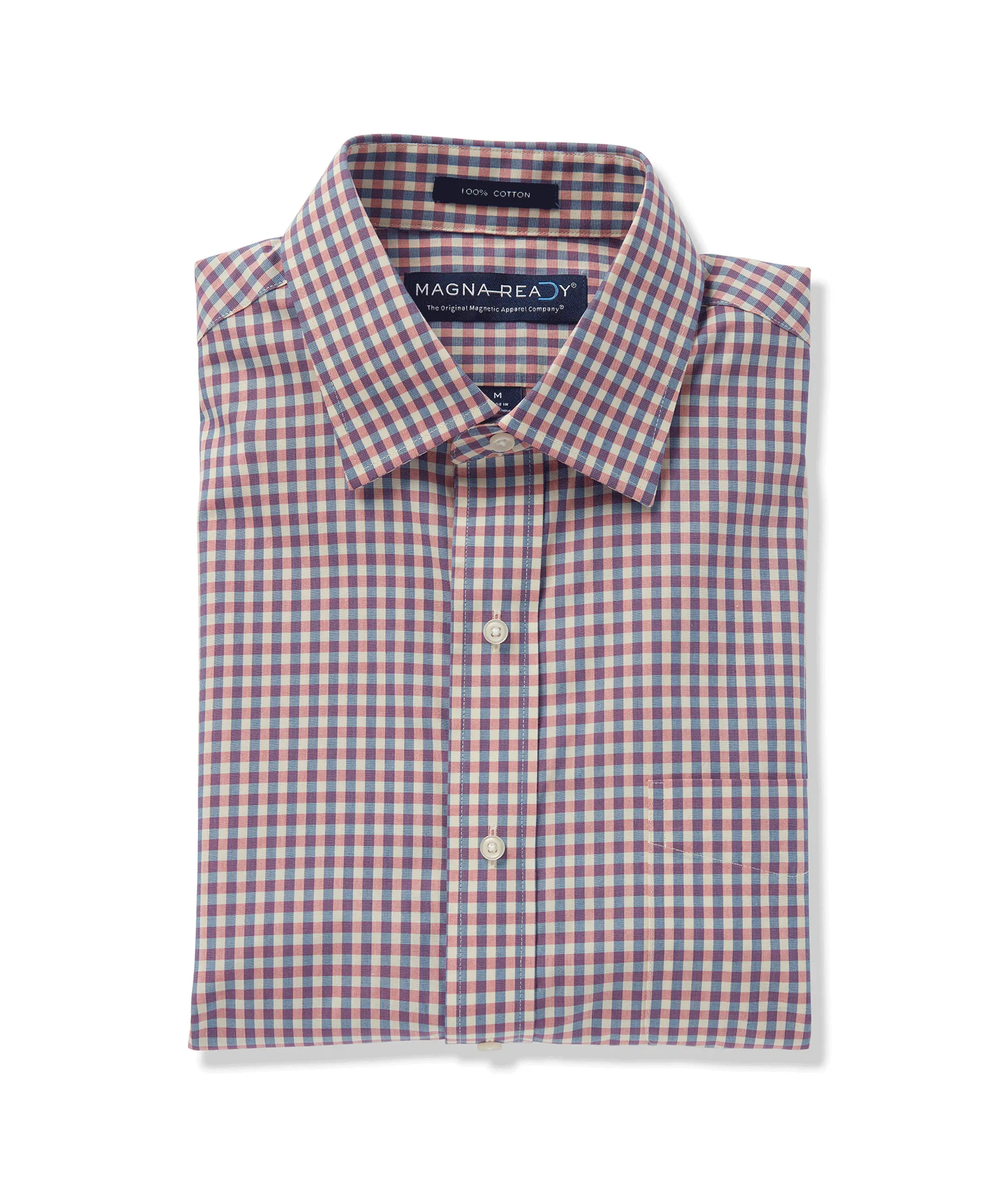 Long Sleeve Light Red Multi Gingham Poplin Pattern ‘Ryan’ Dress Shirt with Magnetic Closures