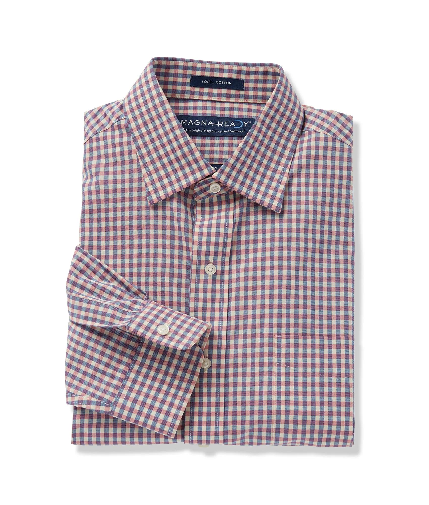 Long Sleeve Light Red Multi Gingham Poplin Pattern ‘Ryan’ Dress Shirt with Magnetic Closures