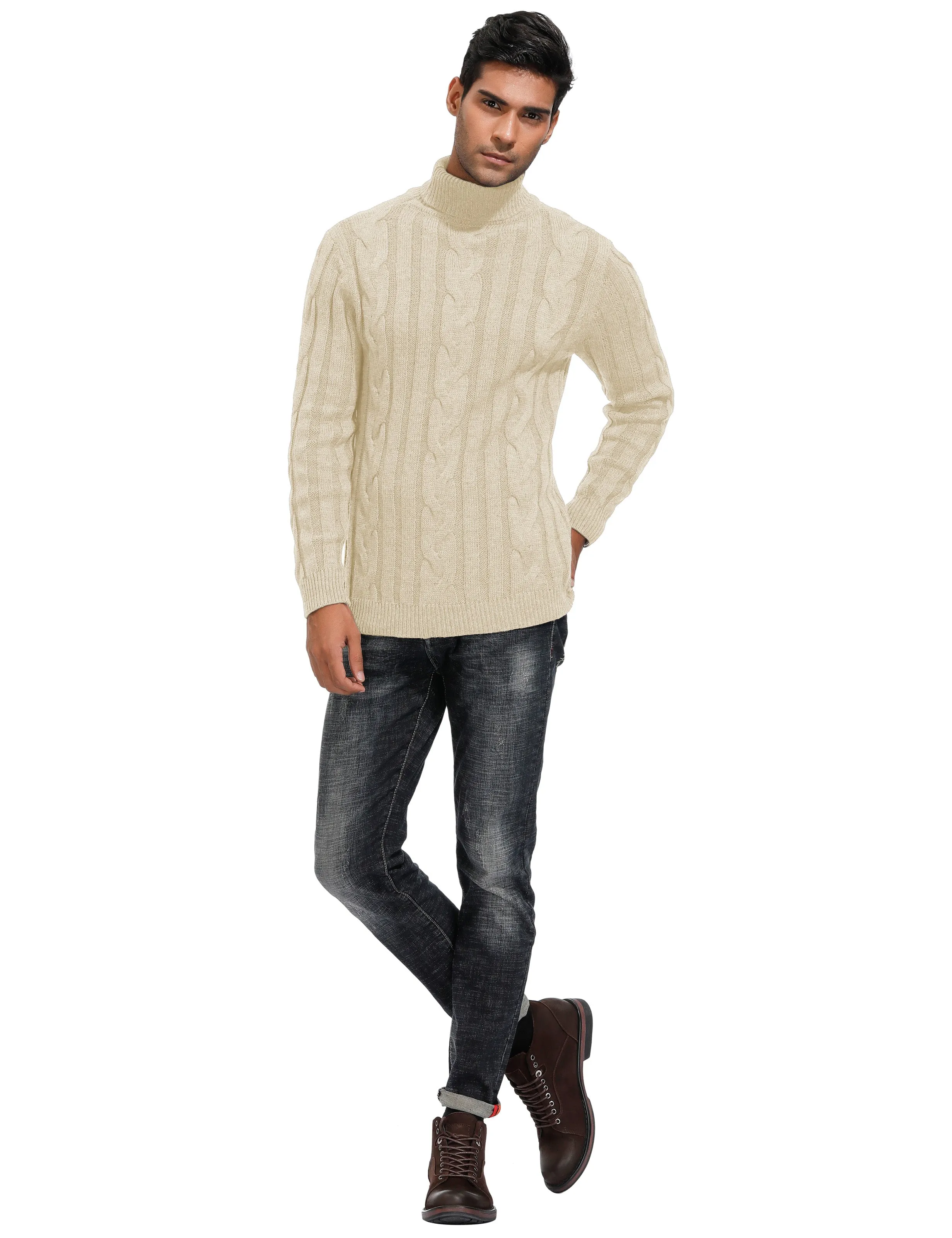 Men's Casual Turtleneck Sweaters Cable Knit Thermal Pullover Sweater