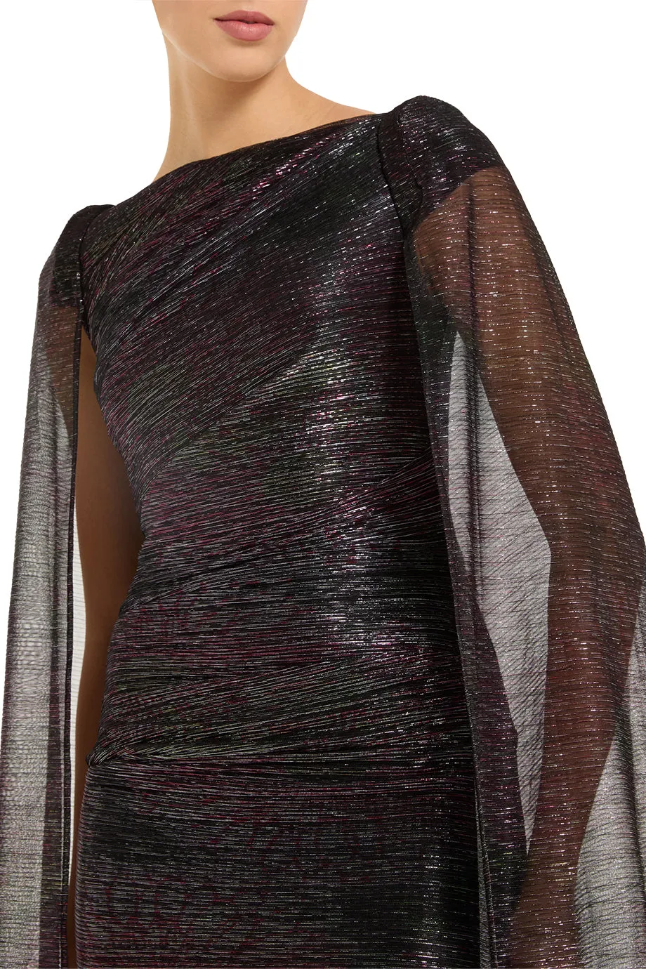 Mystery Metallic Voile Cape Evening Gown