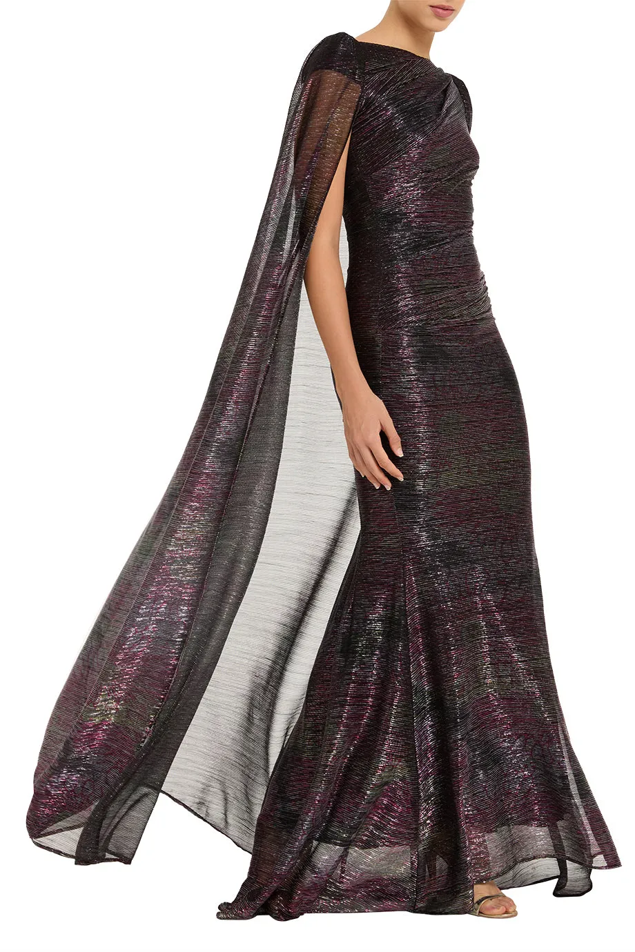 Mystery Metallic Voile Cape Evening Gown