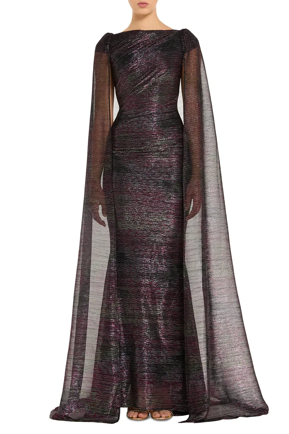 Mystery Metallic Voile Cape Evening Gown