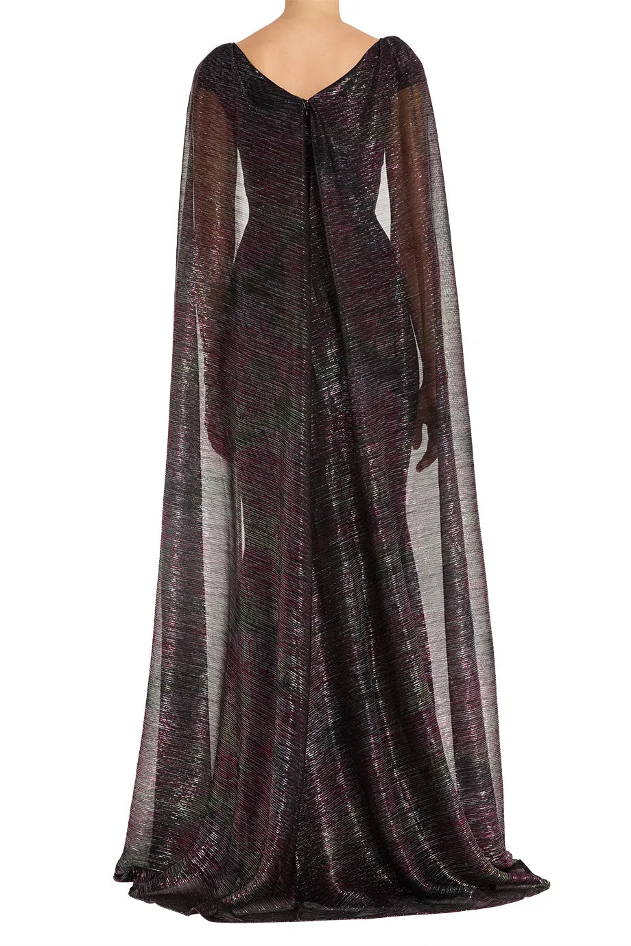 Mystery Metallic Voile Cape Evening Gown