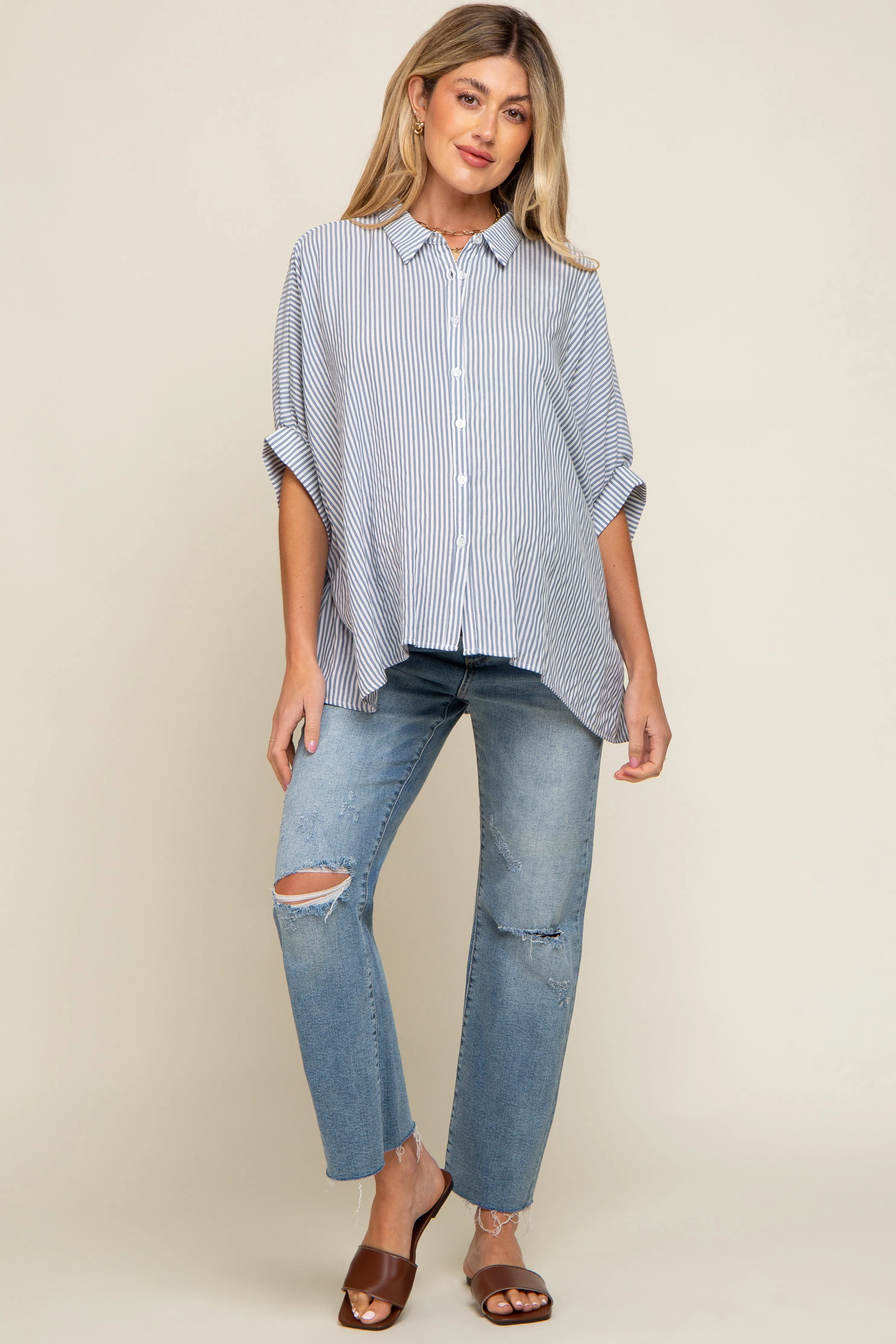 Navy Striped Dolman Button Down Maternity Top