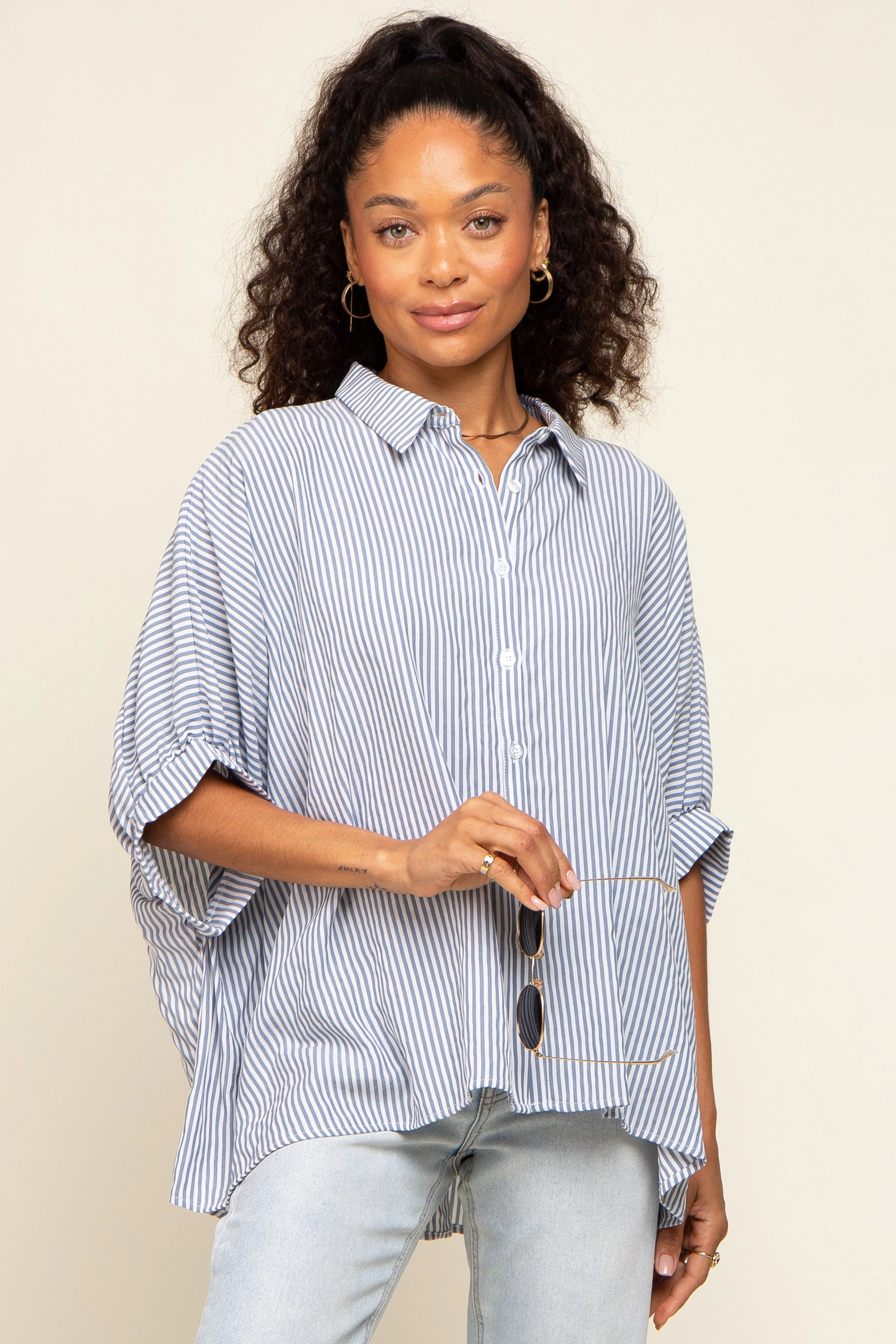 Navy Striped Dolman Button Down Maternity Top