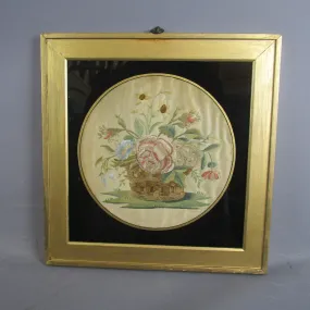 Needlework Embroidery On Silk Basket With Flowers Antique Georgian c1800