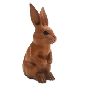 Novica Cute Bunny In Brown Wood Sculpture