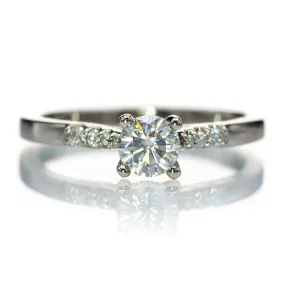 Prong Set Moissanite Natalie Engagement Ring with Accented 14k white gold Cathedral Shank, Ready to Ship