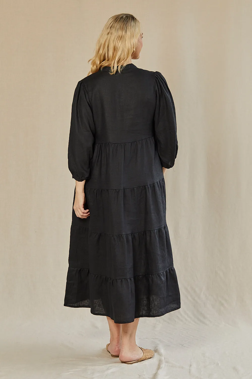 Sabre Linen V-Neck Dress in Black