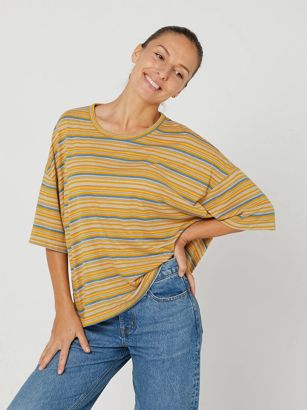 Slouchy Tee - Yellow Blue Stripe