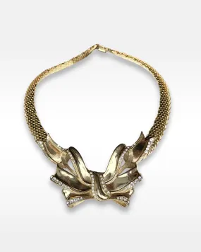 Whiting and Davis Gold and Rhinestone Bow Necklace